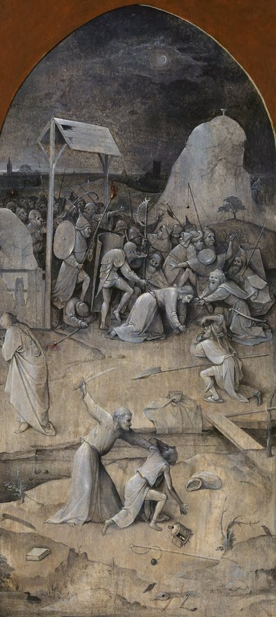圣安东尼的诱惑。三联画，背面。基督的捕获，1500-1501年。 作者 Hieronymus Bosch