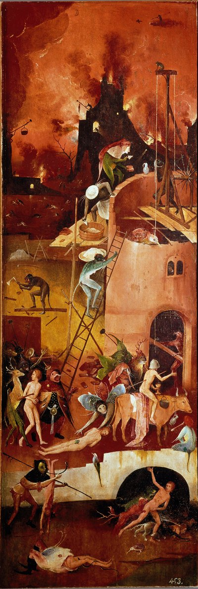 干草胰蛋白酶：地狱建筑。 右内饰板。 Hieronymus Van Aeken (Aken) 在木头上作画，dit Jerome Bosch (1450-1516) 1500-1502 Dim。 140x232 厘米皇家埃斯科里亚尔修道院，埃斯科里亚尔，西班牙 作者 Hieronymus Bosch