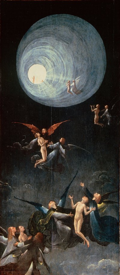 les ames bienheureuses.Le Paradis--进入天堂。来自于。四个来世的景象》，博斯，希罗尼穆斯（约1450-1516）。木板油画，尺寸：88.8x39.9，约1490-1510，威尼斯格里马尼宫。 作者 Hieronymus Bosch