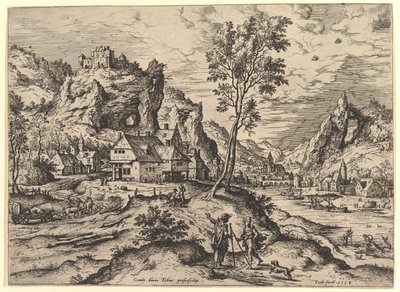 托比特》来自《圣经》和神话场景的风景画，1558年。 作者 Hieronymus公鸡