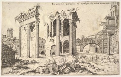 1551年，未认出的遗址的视图与左侧的travedated门面，中心的拱廊和拱门... 作者 Hieronymus公鸡