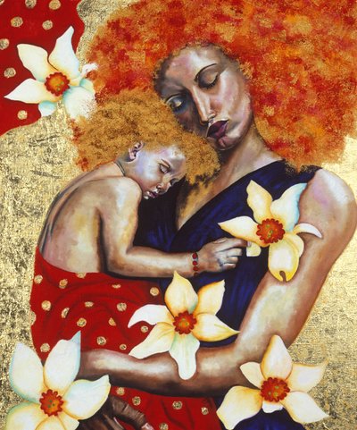 《母亲与孩子》，2003年（船上有金箔的油） 作者 希拉里·邓恩