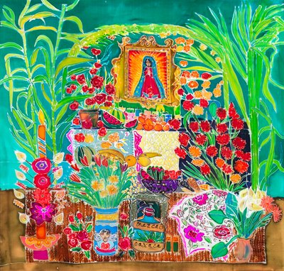 神社，亡灵节，瓦哈卡，2023 年（丝绸上的染料） 作者 希拉里·西蒙（Hilary Simon）