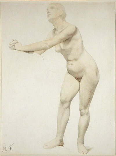 裸体（纸上铅笔和水彩画） 作者 Hippolyte Flandrin