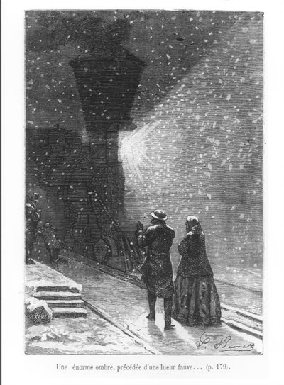 一个巨大的阴影，在明亮的光芒之前，由Jules Verne（1828-1905）的“环游世界八十年”插图，由潘，1873年刻 作者 希波吕特·莱昂·贝内特