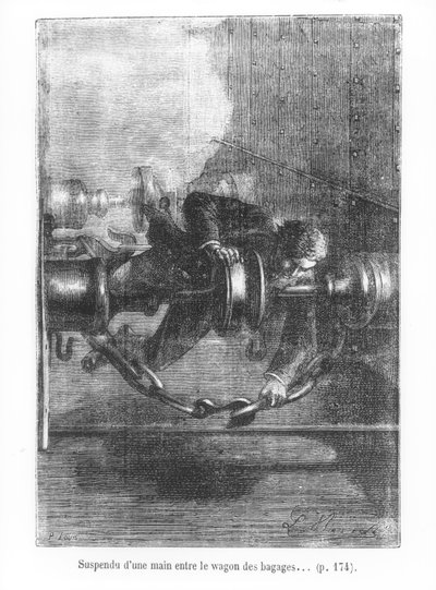行李车之间的一只手挂着，由朱尔斯凡尔纳（1828-1905）的“八十天环游世界”插图，由P. Louis，1873年刻 作者 希波吕特·莱昂·贝内特