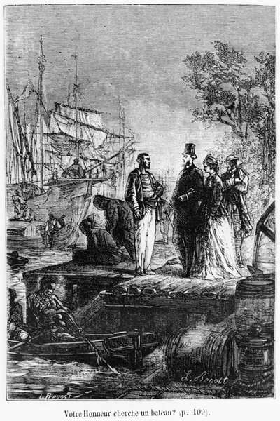 您的荣誉寻找一艘船，19世纪末Jules Verne（1828-1905）的“八十天环游世界”中的插图 作者 希波吕特·莱昂·贝内特