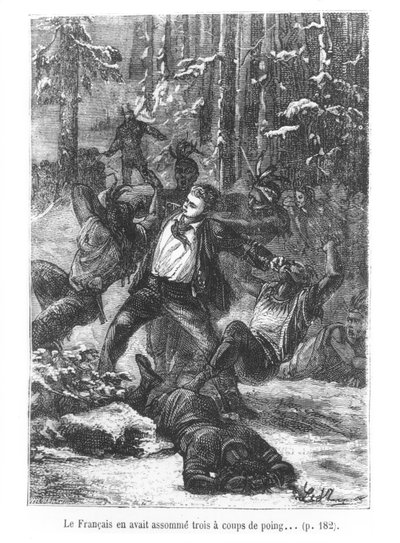 这位法国人能够用拳打来平坦他们中的三个，由朱尔·凡尔纳（1828-1905）来自世界各地的插图，由Henri Theophile Hildibrand（1824-97）1873年刻（雕刻） 作者 希波吕特·莱昂·贝内特