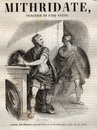 让-拉辛的Mithridate五幕悲剧--《让-拉辛作品集》中的雕版，由Pauquet绘制，Emile de La Bedolliere作了说明 - 1851年 作者 希波吕特·路易斯·鲍奎特