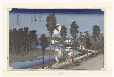 Numazu in de avondschemering
沼津驿站（实物标题）
东海道 53 个驿站（系列标题）
东海道五条山萩之内（物品上的系列名称） 作者 竹内真八（Hoeido）