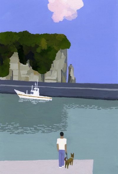 粉红色的云和渔船。 作者 井筒宏之