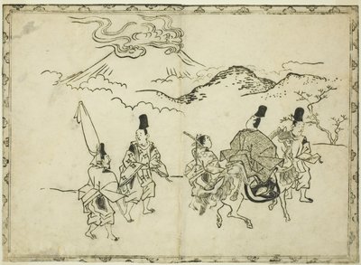 成平的东方之旅，选自绘本 "屏风和挂轴上的绘画全景（Byobu kakemono ekagami）"。 作者 菱川师信