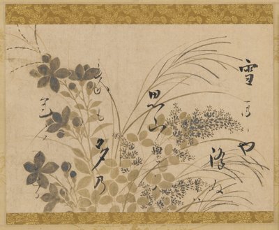 花，草，和一首诗，江户时期，1615-1637。 作者 本南光悦