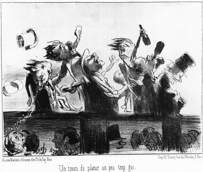 一辆有趣的火车，有点过于欢快：取自《Les trains de Plaisir》，Honore Daumier（1808-1879）关于铁路的系列漫画。"Charivari" 作者 Honoré Daumier