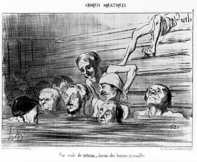 一所游泳学校，一个讲道理的人的游泳池：插图来自Honore Daumier（1808-1879）关于游泳的 "Sketch d