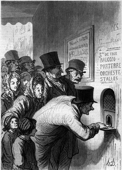 A theater window. Cartoon by Honore Daumier (1808-1879). Engraving in “” Le Monde Illustré”” n°269 of 7 June 1862. 作者 奥诺雷·杜米埃
