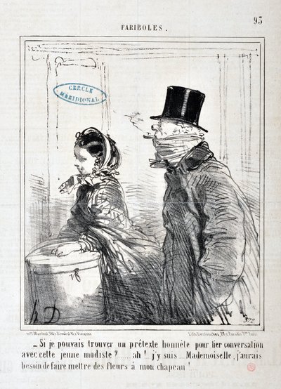 Artwork by Honore Daumier (1808-1879) Charivari: Serie FARIBOLES “” -Si je could find an honest pretexte to link conversation with this young model?... Ah! I