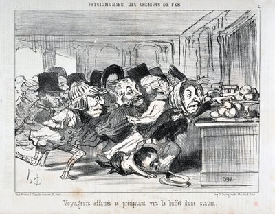 奥诺尔-杜米埃(1808-1879)的作品：1852年的《查理报》："菲尔链 "系列 饥饿的旅行者冲向车站的自助餐 博物馆-龙尚宫，马赛 作者 奥诺雷·杜米埃