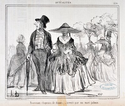 Honore Daumier (1808-1879)的作品：1855年的Charivari杂志：Serie Actualites "Nouvelles hats de dames, inventes par un mari jaloux" MUSEE DES BEAUX ARTS - PALAIS LONGCHAMP, MARSEILLE 作者 奥诺雷·杜米埃