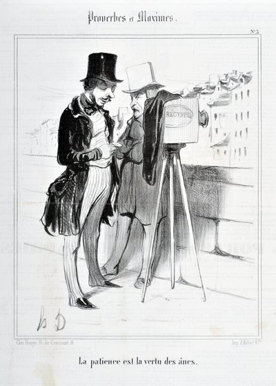 奥诺雷·杜米埃 (1808-1879) 的作品。 Charivari 的历史可追溯至 1840 年：意甲箴言 ET MAXIMES “耐心是驴的美德” “MUSEE DES BEAUX ARTS - PALAIS LONGCHAMP，马赛 作者 奥诺雷·杜米埃