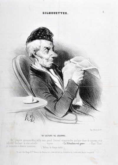 霍诺尔-杜米埃（1808-1879）的作品。Charivari》可追溯到1840年。SOUXETTES "La lecture du journal "系列：MusEE DES BEAUX ARTS - PALAIS LONGCHAM 作者 奥诺雷·杜米埃