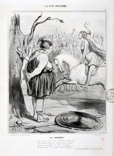 Honore Daumier (1808-1879)的艺术作品《Charivari》可追溯到1842年。HISTORIE ANCIE Les Amazones系列。"在一天的第一场火中，在他们高贵的女王面前，人们看到他们驯服了充满热情的马匹。而在竞技场中间的年轻冠军接受 作者 奥诺雷·杜米埃