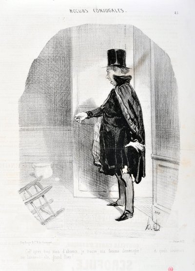霍诺尔-杜米埃（1808-1879）的作品。Charivari》可以追溯到1842年。MORES CONJUALES系列 "天堂在三个月的缺席后，我发现我的妻子demenagee和什么回忆我洗她伟大的上帝！"马赛隆尚宫美术博物馆，马赛 作者 奥诺雷·杜米埃