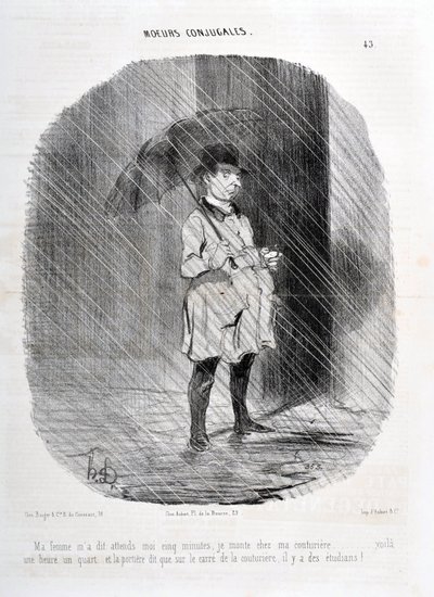 霍诺尔-杜米埃（1808-1879）的作品。Charivari》可追溯到1842年。MORES CONJUALES系列 "我的妻子告诉我，等我五分钟，我在一小时前去我的Couturiere，门上说，在Couturiere的广场上有学生!" 作者 奥诺雷·杜米埃