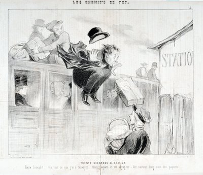 霍诺尔-杜米埃（1808-1879）的作品。Charivari》可以追溯到1843年。LES Chemins de fer系列 三十秒站 "-Tiens Joseph! vla everything I have to send you... three packages and a traveler - Above all care of the packages" MUSEE DES BEAUX ART 作者 奥诺雷·杜米埃