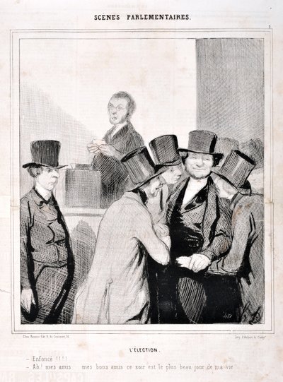 霍诺尔-杜米埃（1808-1879）的作品。Charivari》是1843年的作品。议会场景系列。选举 "游泳！！！"。"啊，我的朋友们，我的好朋友们，今晚是我生命中最重要的一天！"马赛隆尚宫美术博物馆，马赛 作者 奥诺雷·杜米埃
