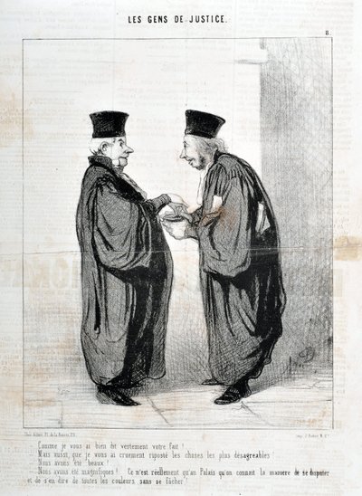 霍诺尔-杜米埃（1808-1879）的作品。Charivari》可追溯到1845年。LES PEOPLES DE JUSTICE"--正如我真实地告诉你的事实!我们是美丽的。我们很美！......真的只有在宫里，我们才知道争论和谈论的方式。 作者 奥诺雷·杜米埃