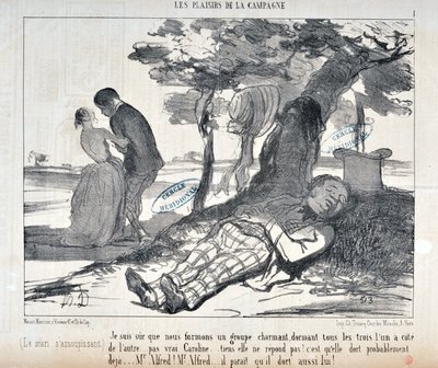霍诺尔-道米埃（1808-1879）的作品《查理》可追溯到1853年：《LES PLAISIRS DE LA CAMPAGNE》系列 "我相信我们会形成一个迷人的团体，所有三个人都是一对一......对了，卡罗琳......在这里她没有回应！"。她可能已经在逃了 作者 奥诺雷·杜米埃