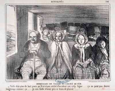 Honore Daumier (1808-1879)的艺术作品《Charivari》可以追溯到1855年。铁路旅行实况》："这条线路上已经有八天没有发生事故了......这样的情况不会持续太久......我很抱歉乘坐这列火车 作者 奥诺雷·杜米埃