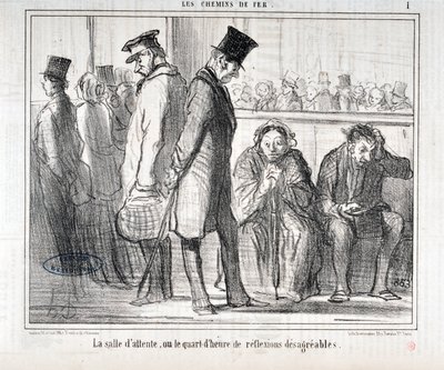 霍诺尔-杜米埃（1808-1879）的作品。Charivari》可追溯到1855年。LES Chemins de fer系列 "候车室或令人不快的反思的一刻钟 "MusEE DES BEAUX ARTS - PALAIS LONGCHAMP, MARSEILLE 作者 奥诺雷·杜米埃