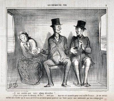 霍诺尔-杜米埃（1808-1879）的作品。Charivari》可追溯至1857年。LES RAILWAYS系列 "在我看来，我们会出轨的！......。你在铁路上害怕吗？......我不怕......我的生命有十万法郎的保险......。我甚至不愿意担心 作者 奥诺雷·杜米埃