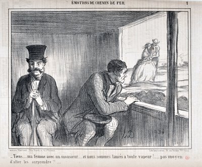 Honore Daumier (1808-1879)的艺术作品《Charivari》可追溯到1858年：《火车上的情绪》系列--"Tiens...ma femme avec un monsieur...et nous sommes lances a toute vapeur！...no way to go surprise them！..."美术馆--龙尚宫，三月 作者 奥诺雷·杜米埃