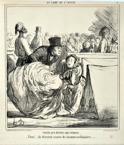 奥诺尔-杜米埃（1808-1879）的作品《查理周刊》是1859年的作品。在圣莫尔军营参观土库曼人的帐篷。"在这里！......他们像普通人一样睡觉......"马赛隆尚宫美术博物馆，马赛 作者 奥诺雷·杜米埃