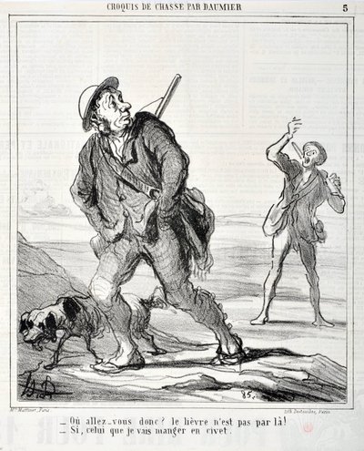 Honore Daumier (1808-1879)的艺术作品《Charivari》可以追溯到1864年。Chasse系列素描 "Ou va donc?野兔没有通过那里！"。- 如果我要吃的是果子狸 "MusEE DES BEAUX ARTS - PALAIS LONGCHAMP, MARSEILLE 作者 奥诺雷·杜米埃
