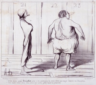 关于出场的动画片。沐浴者 "系列。告诉爸爸Drouillet......"Honore DAUMIER (1808-1879)的版画。摘自报纸 "Le Charivari"。箱子12 马赛，隆尚宫美术博物馆，收藏的《艺术画报》。 作者 奥诺雷·杜米埃