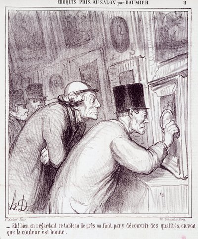 Cartoon about art lovers. Series “” Sketch taken at the Salon by Daumier”: “” Eh! well looking at this painting, we end up discovering quality, we see that the color is good””. Engraving by Honore DAUMIER (1808-1879). Extract from the newspaper “” Le Chari 作者 奥诺雷·杜米埃