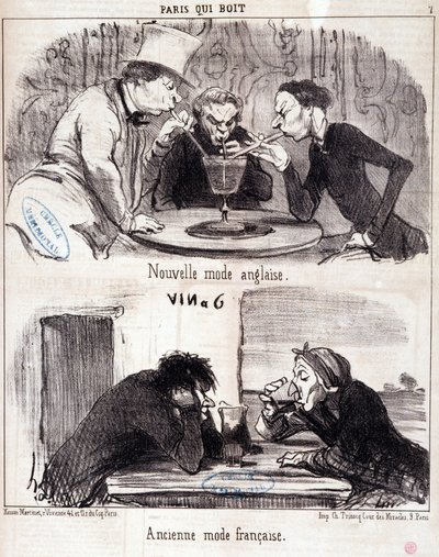 Cartoon about gastronomic abuse. “Paris qui drinks” series: new English fashion and old French fashion. Engraving by Honore DAUMIER (1808-1879). Extract from the newspaper “” Le Charivari”” 23 June 1852 Dim 37x26 cm Inv D 2312 - box 24 N¡7. Marseille, Muse 作者 奥诺雷·杜米埃