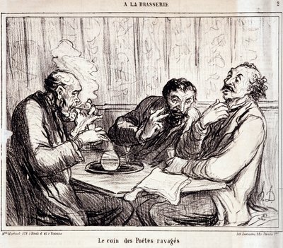 关于诗歌作家的漫画。"A la brasserie "系列。"被蹂躏的诗人的角落"。雕刻家Honore DAUMIER (1808-1879)的作品。摘自1月7日的《查理报》。 作者 Honoré Daumier
