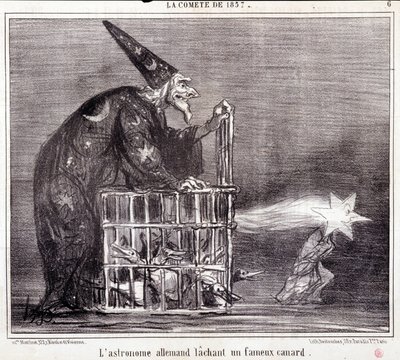 关于科学的动画片。Serie Sur "1857年的科米特"。"德国天文学家离开了一只著名的鸭子"。Honore DAUMIER (1808-1879)的雕刻。摘自3月2日的《查理报》（Le Charivari）。 作者 奥诺雷·杜米埃