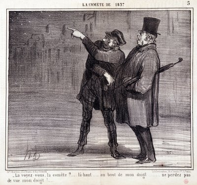 关于科学的漫画。关于 "1857年的科米特 "系列。"你看到委员会了吗？......"一个盗贼转移了受害者的注意力。雕刻家Honore DAUMIER (1808-1879)的作品。摘自3月19日的《查理报》（Le Charivari）。 作者 奥诺雷·杜米埃