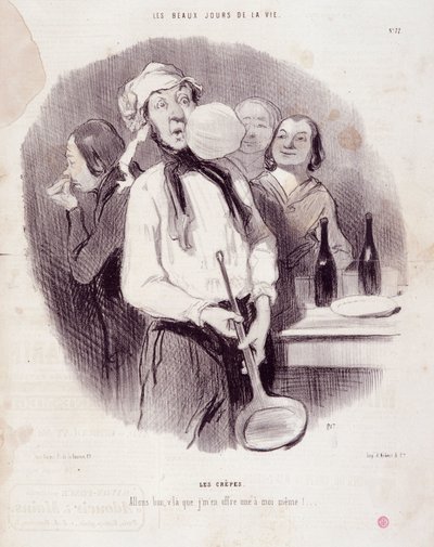 一个笨拙的人的漫画。"生活中的美好时光 "系列。"Les crepes..."Honore DAUMIER（1808-1879）的雕刻。摘自11月14日的《查理报》。 作者 奥诺雷·杜米埃