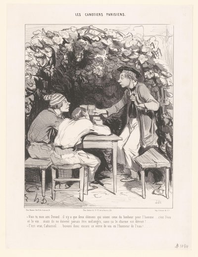 三个人举杯酒 Vois tu, mon ami Durant (...)（物品上的标题） 巴黎船长（系列标题） Les canotiers parisiens（物体上的系列标题） 作者 Pannier 和 Cie。