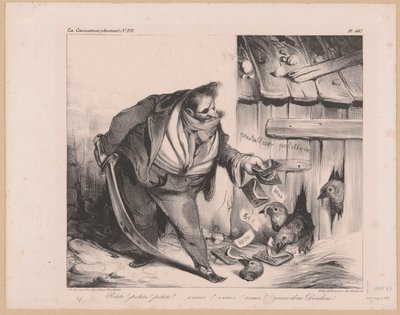 法国国王路易-菲利普一世扮演强盗的漫画
Petits！petits！petits！(...) Venez donc dindons！(物体上的标题） 作者 尼古拉斯-路易斯·德劳努瓦