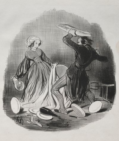 婚姻习俗：啊！你以为妻子不能为你提供足够的东西，维利安...，1841年。 作者 奥诺雷·杜米埃