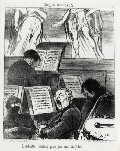 音乐素描：演奏悲剧时的管弦乐队。奥诺尔-道米埃（1808-1879）的插图，发表于《查理报》，日期为1852年4月5日。 作者 奥诺雷·杜米埃