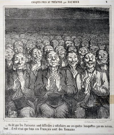 在剧院拍摄的草图：“”据说巴黎人很难在这四张长椅上得到满足，这不是我的满足，这些法国人都是罗马人””“Honore Daumier（1808-1879）在“”Le Charivari 中的雕刻 ”。 朗尚宫，博物馆 作者 奥诺雷·杜米埃